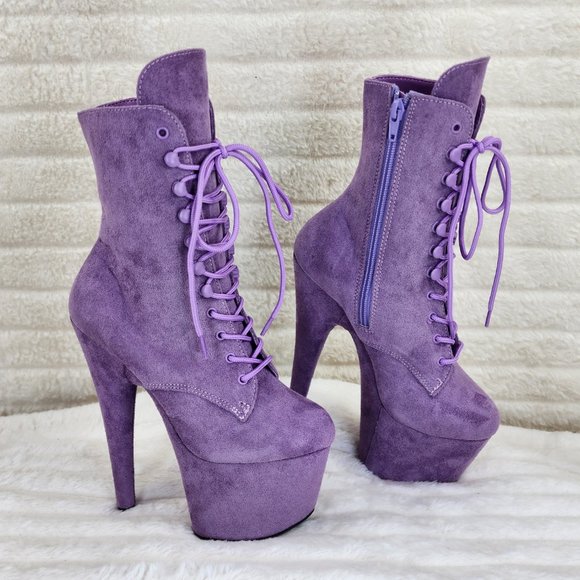 Lavender Lilac Purple Faux Suede Platform 7" Heel Lace Up Ankle Boots - Picture 1 of 12